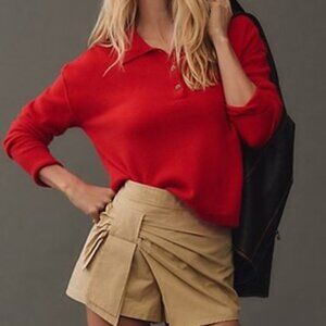 Pilcro Cropped Polo Cashmere Sweater Red Long Sleeve Button Front Collar L